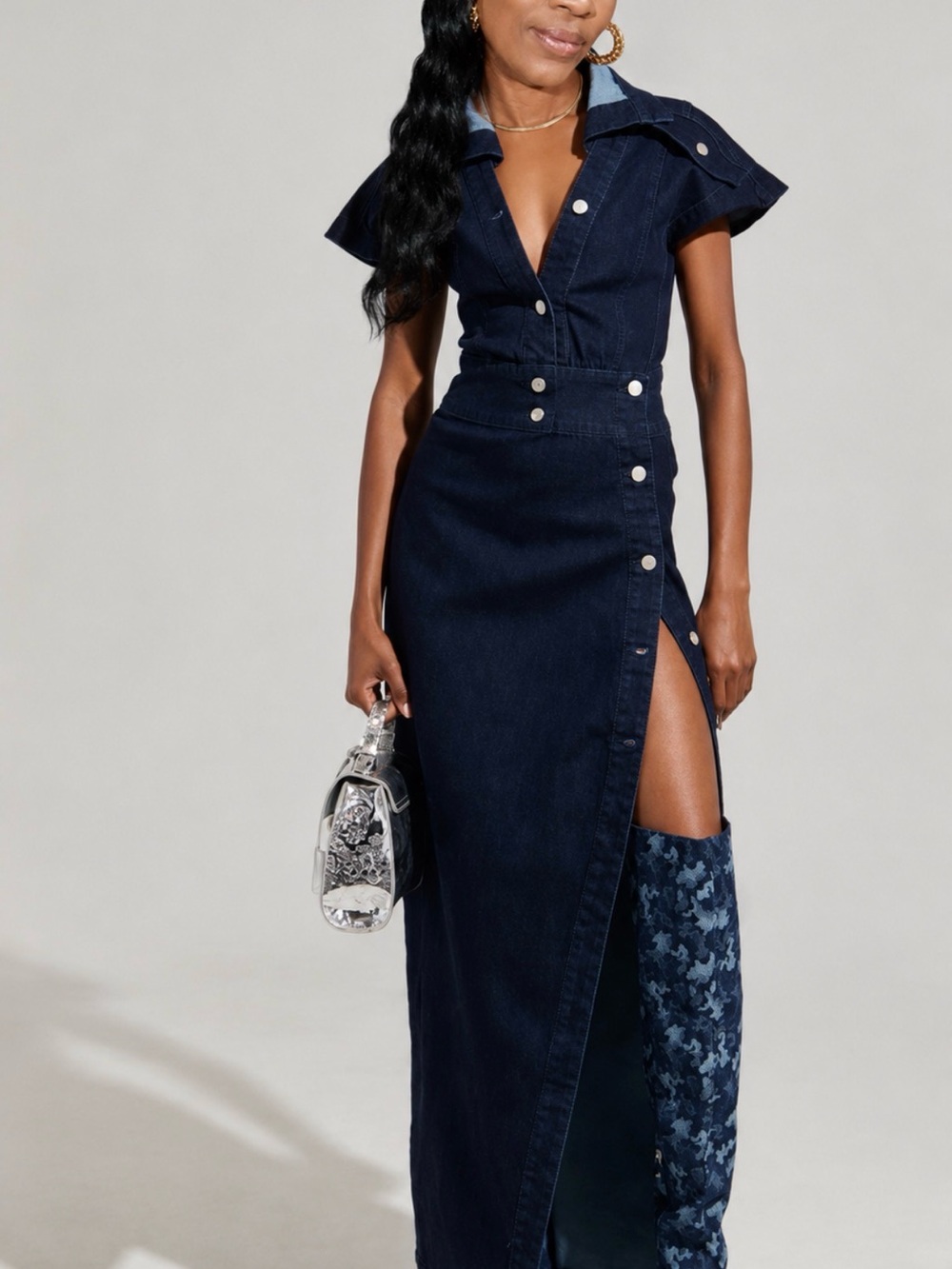 Dark Indigo Denim Maxi Dress with Side Button Slit